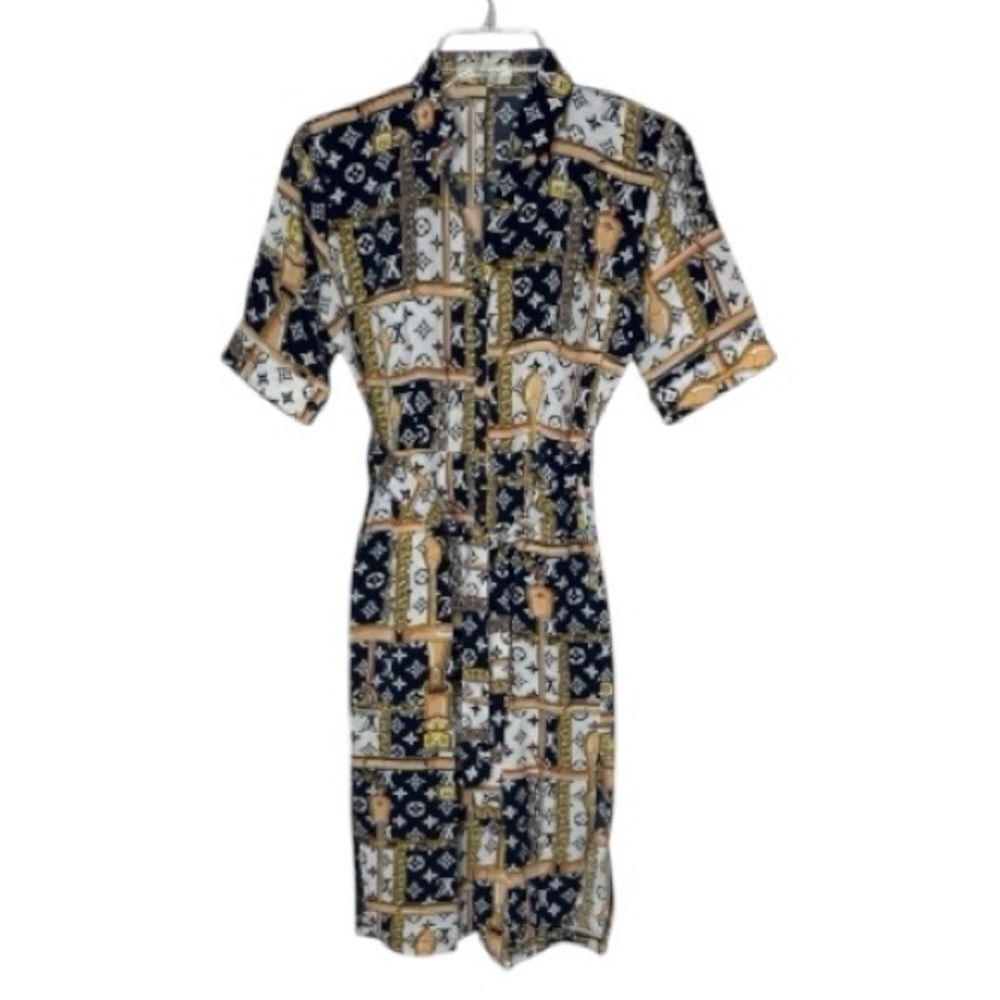 Zara Stylish Navy and Gold Patterned Dress. Size Small. - Picture 1 of 7